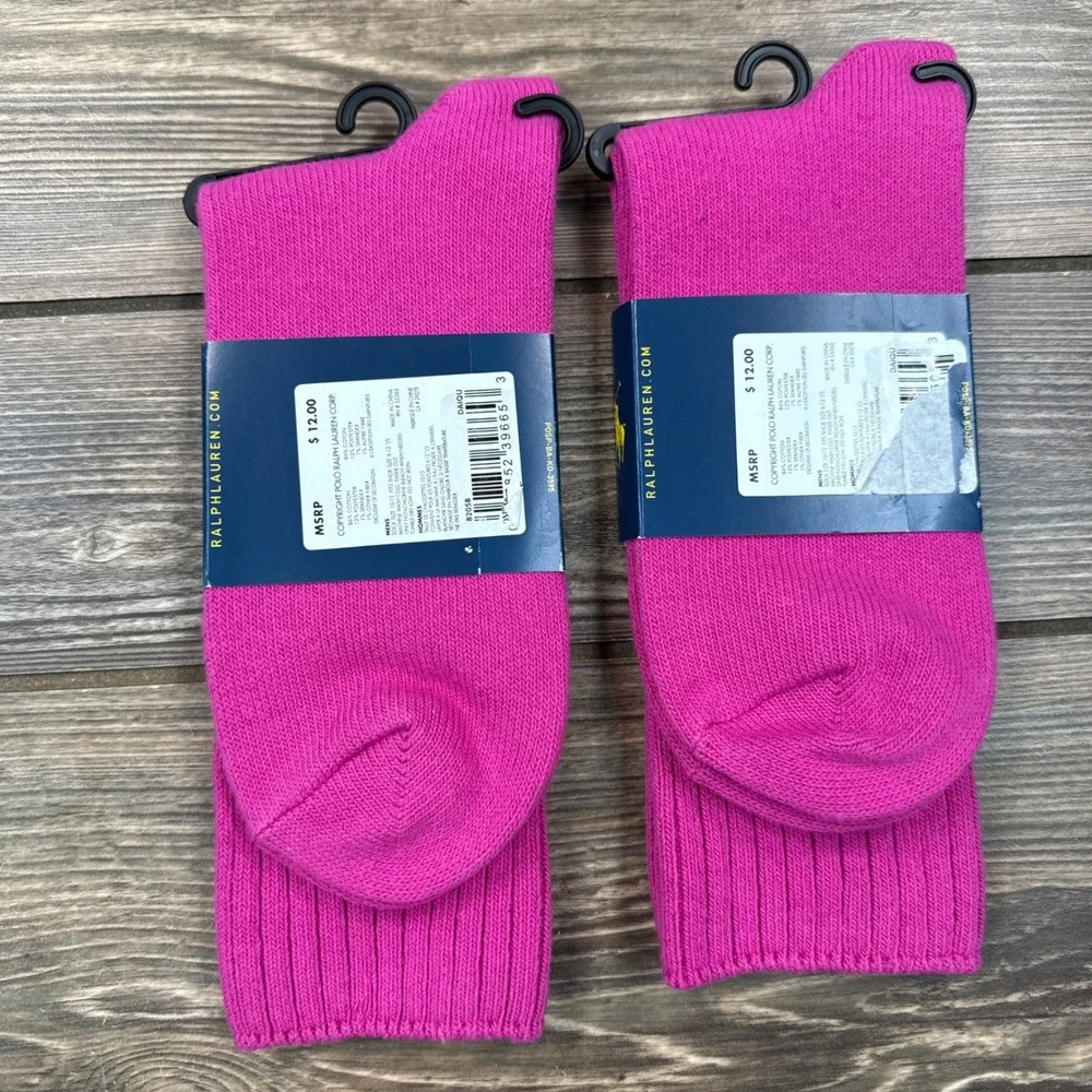 Polo Ralph Lauren Mens 10-13 Crew Socks Pink Blue Pony Logo 2 Pairs NWT